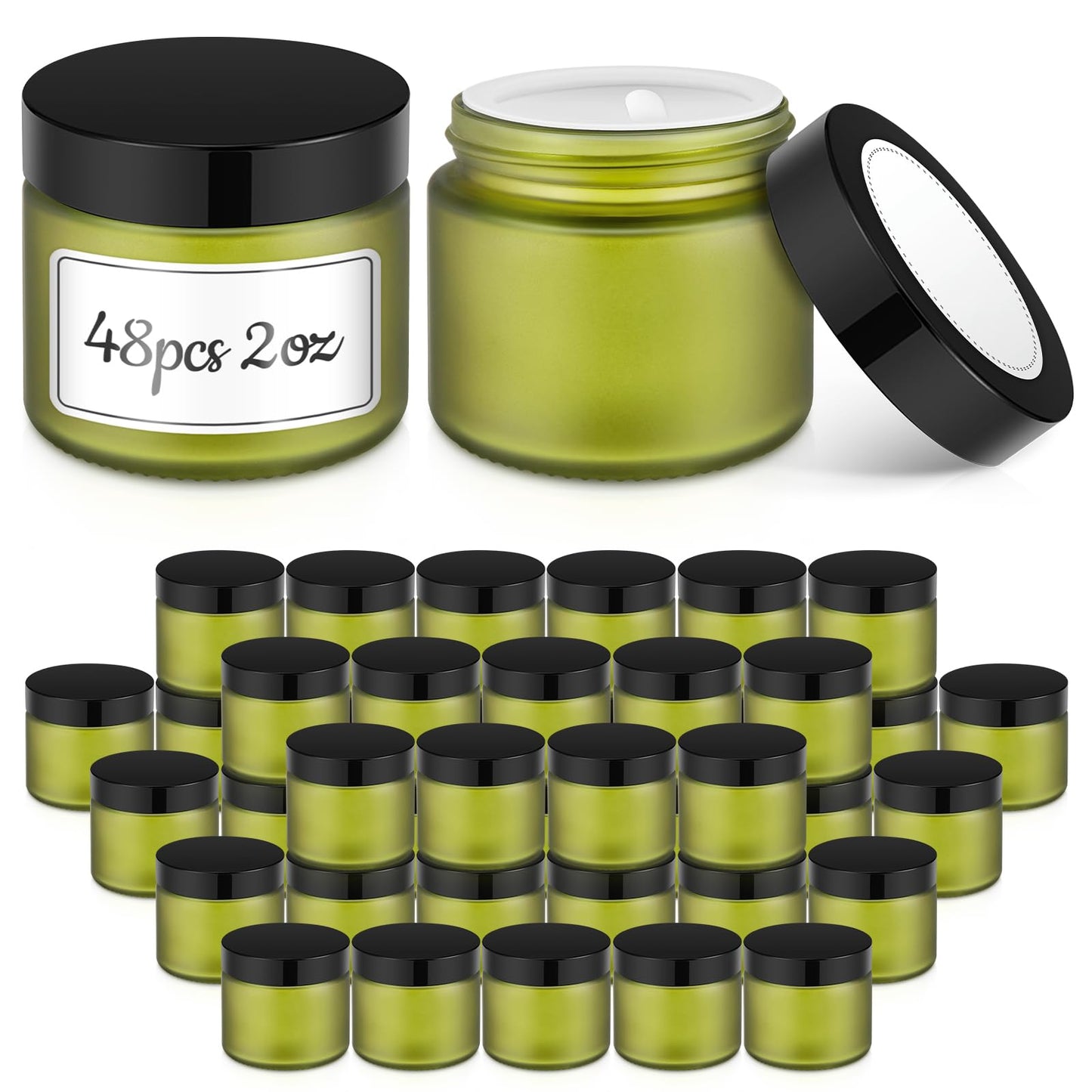 2 oz Small Glass Jars with Lids, Bumobum 48 pack Round Green Glass Candle Jars with Black Lids, White Labels & Inner Liners, Empty Cosmetic Containers for Cream, Lotion, Slime, Ointment
