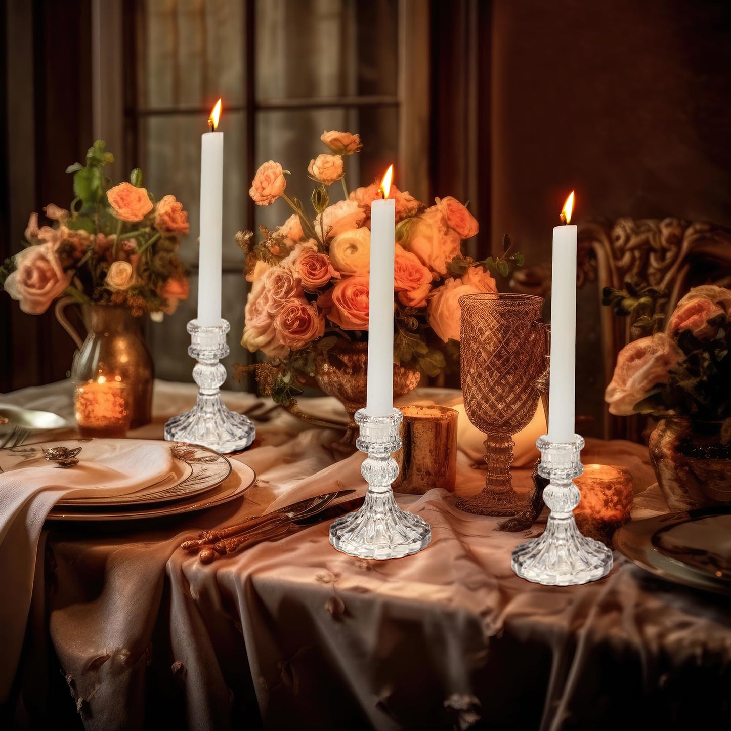 Suclain 12 Pcs Wedding Candlestick Holders Taper Candles Set Clear Glass Candle Holder and White Tapered Candles Dripless Tall Candle Sticks for Wedding Party Table Favor(Transparent)
