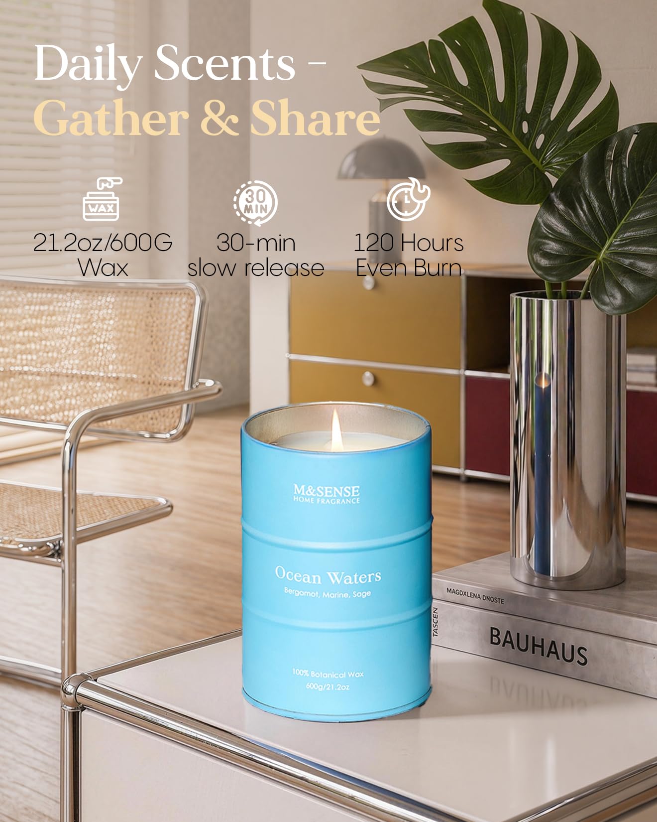M&SENSE Ocean Waters Scented Candles Large Beach Candle, Summer Soy Candles 21.2oz 120 Hour Slow Burning,Aromatherapy Candle for Stress Relief Meditation Relaxing