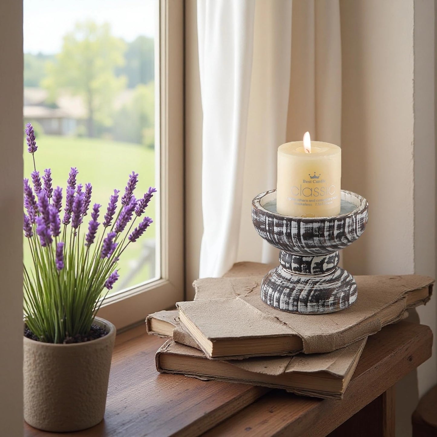 SOFE Wood Rustic Candle Holder, 5 Inches Tall Farmhouse Candle Pillar Holder, Distressed Small Plant Stand, Living Room, Dining Room, Centerpieces for Tables
