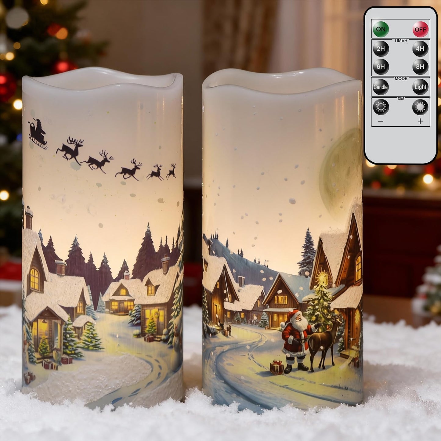 KunSwenn Christmas Flameless Candles, Christmas LED Battery Operated Candles with Remote Timer, Set of 2 Pillar Candle with Snow House, Santa, Reindeer Decals for Holiday Winter Decor(D6” x H3”)