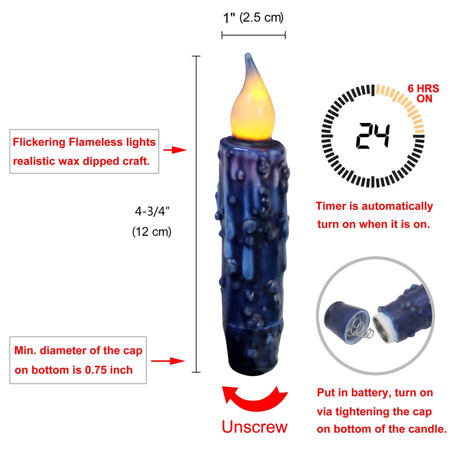 CVHOMEDECO. Real Wax Hand Dipped Battery Operated LED Timer Taper Candles Rustic Primitive Flameless Lights Decor, 4-3/4 Inch, Navy Blue, 3 PCS in a Package