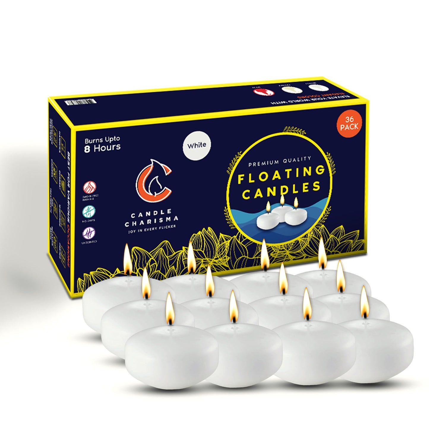 Candle Charisma White Floating Candles 3 Inch (Set of 36) – 8-Hour Dripless, Smokeless Burn with Natural Flickering Flame – Perfect for Weddings, Centerpieces, Pool Nights & Special Events