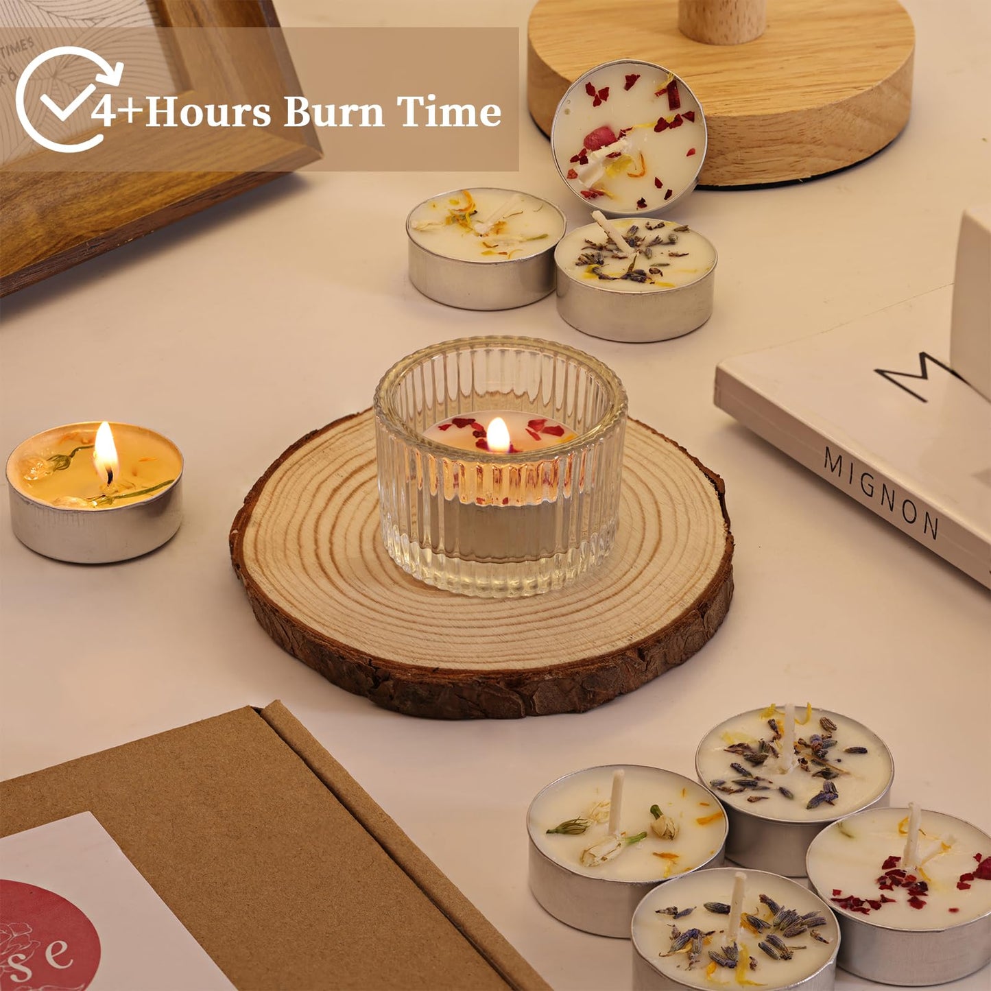 Rose Scented Tealight Candles 16 Pack - 4-Hour Palm Wax White Tea Lights, Plant Dried Flower Tea Lights Candle (Paraffin-Free), Scented Votive Candles for Home/Yoga/Bath/Meditation
