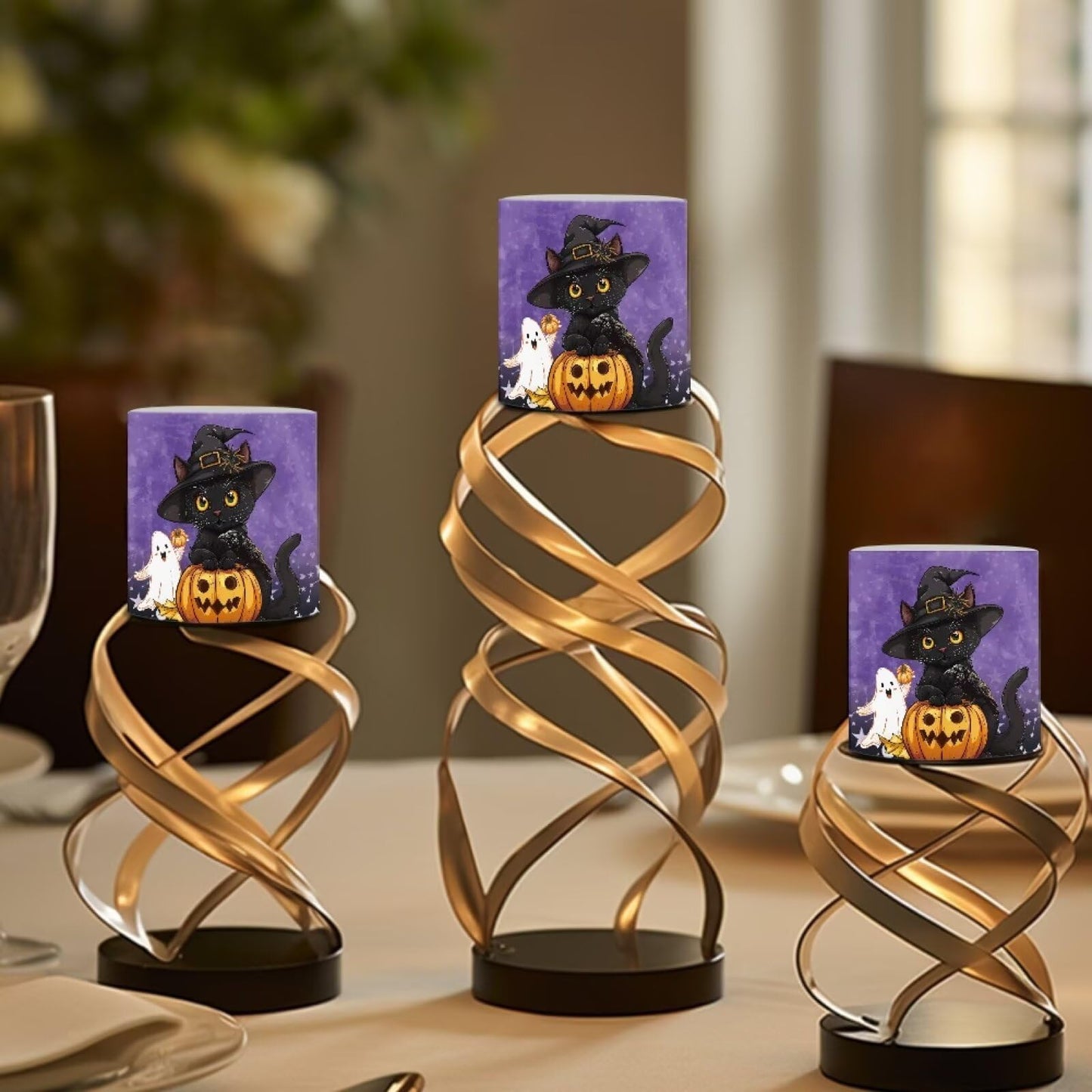 Merkmak Halloween Day Flameless Candles with 18-Key Remote Battery Operated Candles with Timer, Ghost Black Cat Pumpkin Print Flickering LED Elictric Pillar Tealights for Party Banquet