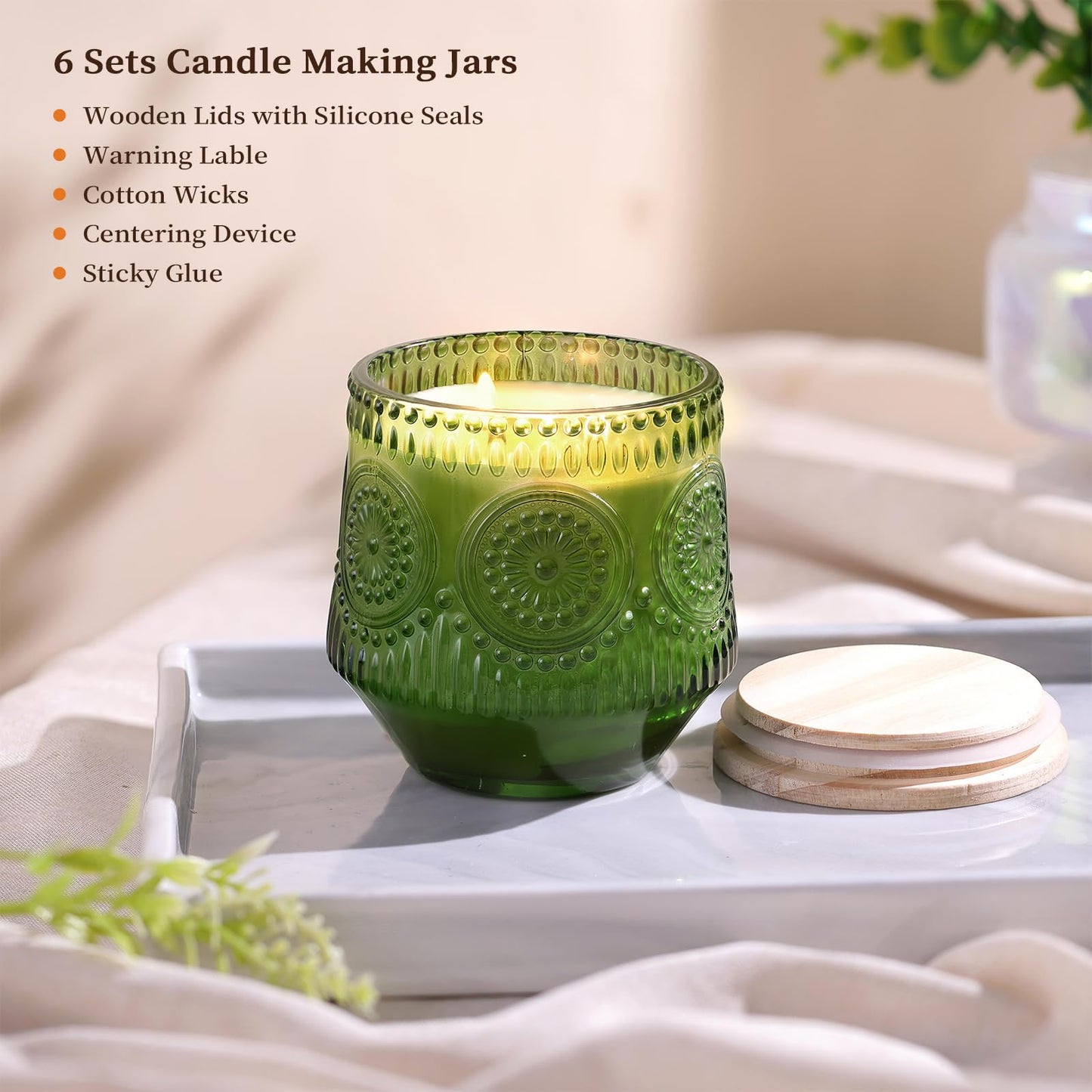 LAMORGIFT 6 Pack Large Green Candle Jars - 13.5oz Glass with Wooden Lids and Labels, Empty Jars for Candle Making Supplies