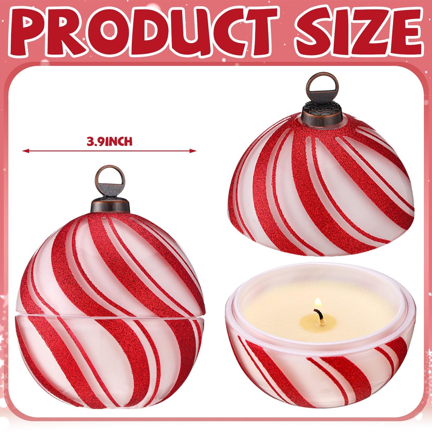 Conelist 2 Pcs Candy Christmas Ball Candles 3.9 Inch Red and White Christmas Ornament Candle Decor Cinnamon Scented Mercury Glass Xmas Table Decorations for Holiday Party Gifts