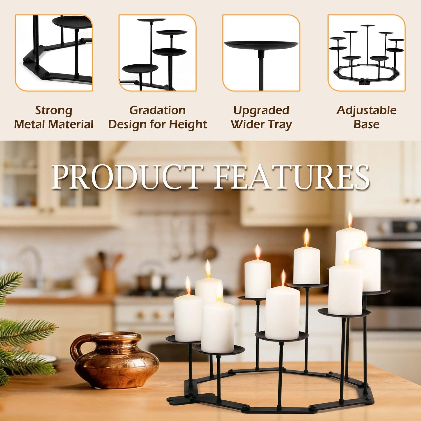 Candelabra Fireplace Candle Holder: 9 Black Iron Candelabra Fireplace Candle Holder for Pillar Candles