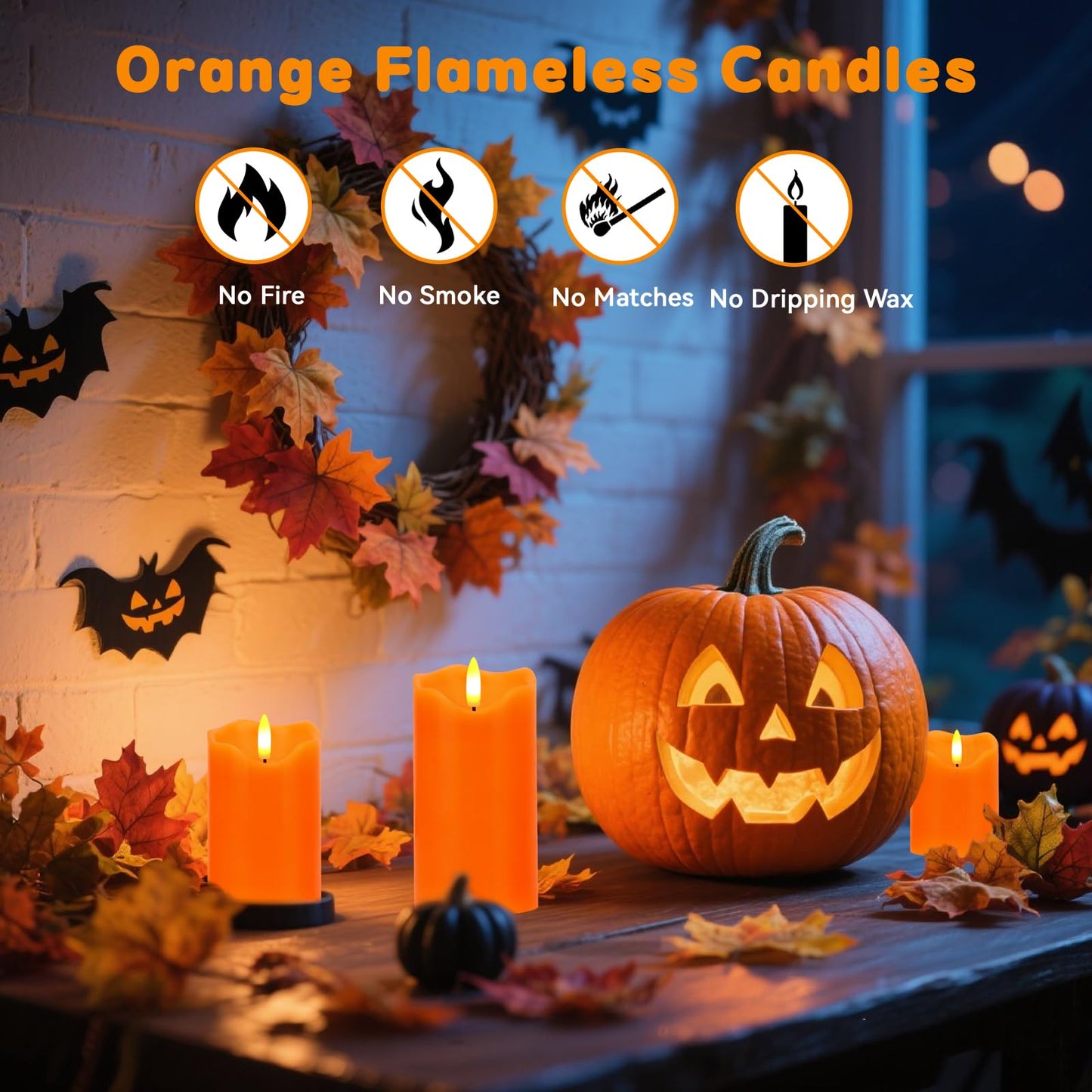 Flameless Candles Lights, Set of 3 Orange Flickering LED Candles with Remote & Timer, Dimmable LED Pillar Candles Battery Operated, Electric Candles for Fall Halloween Thanksgiving Decor (Orange)