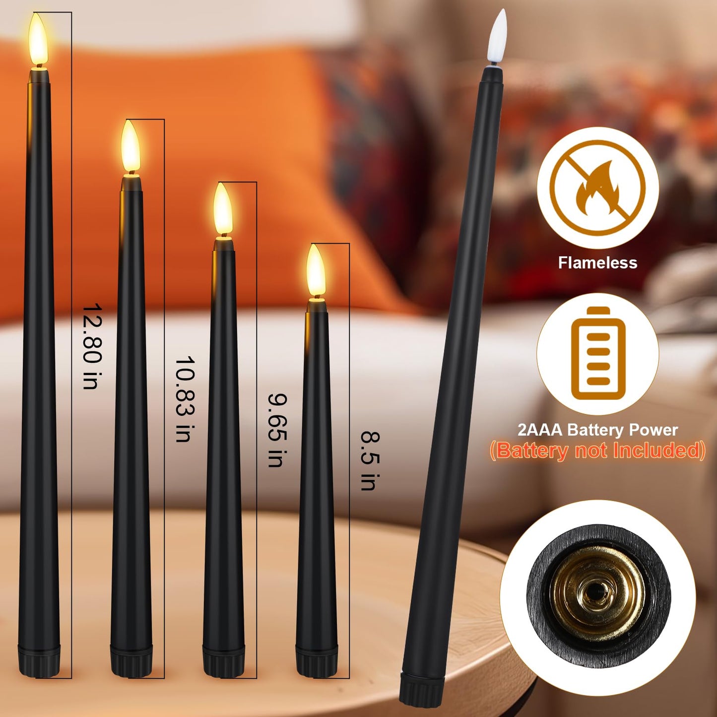 Rossesay 24 Pcs Flameless LED Taper Candles Battery Operated Candle 8.5", 9.65", 10.8", 12.8" Flameless Candlesticks Flickering for Christmas Church Wedding Indoor Decoration(Classic, Black)