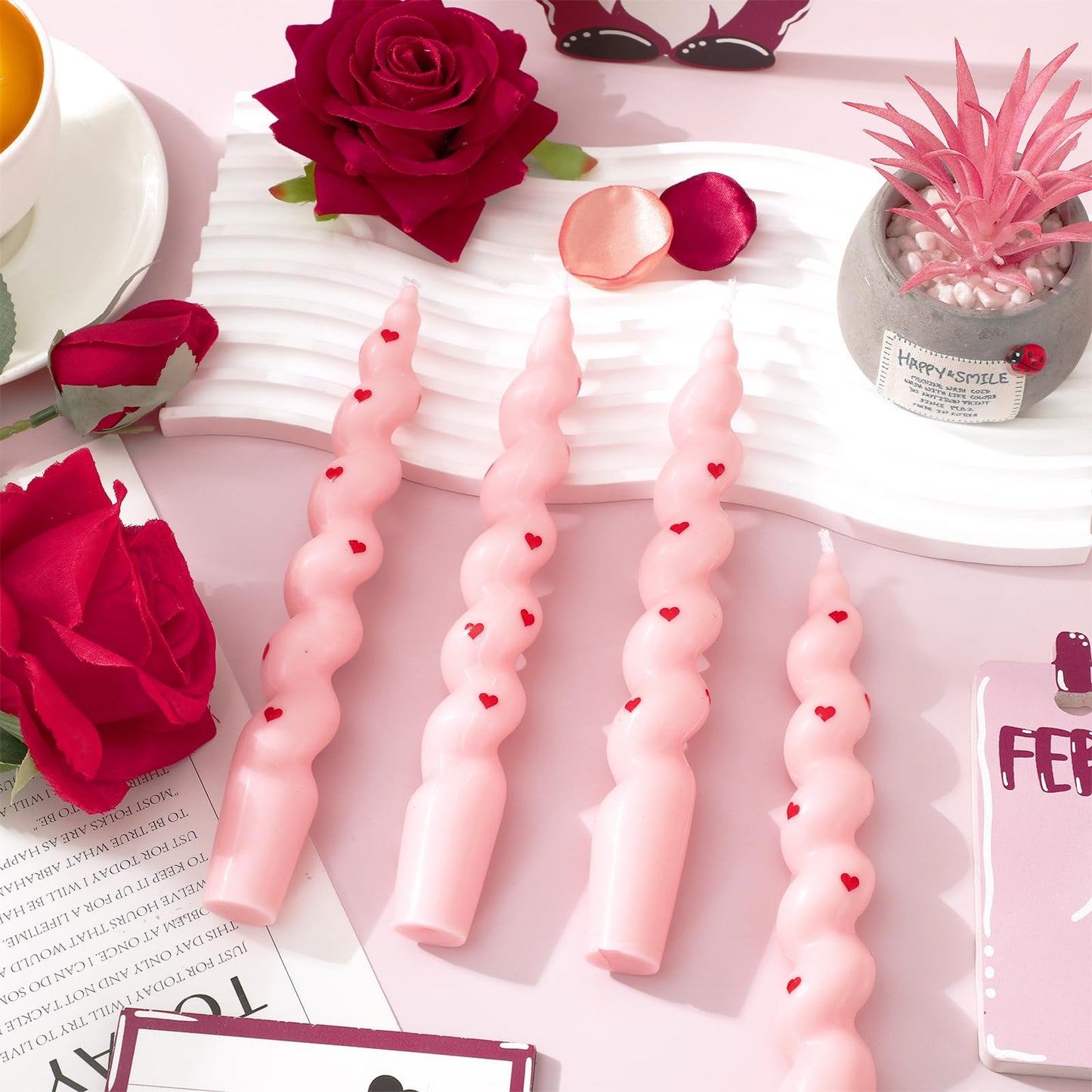 JarThenaAMCS 6Pcs Valentine's Day Spiral Taper Candles 7 Inch Red Pink Heart Decorative Candles Unscented Dripless Twisted Candlesticks for Birthday Wedding Anniversary Party Home Table Decor