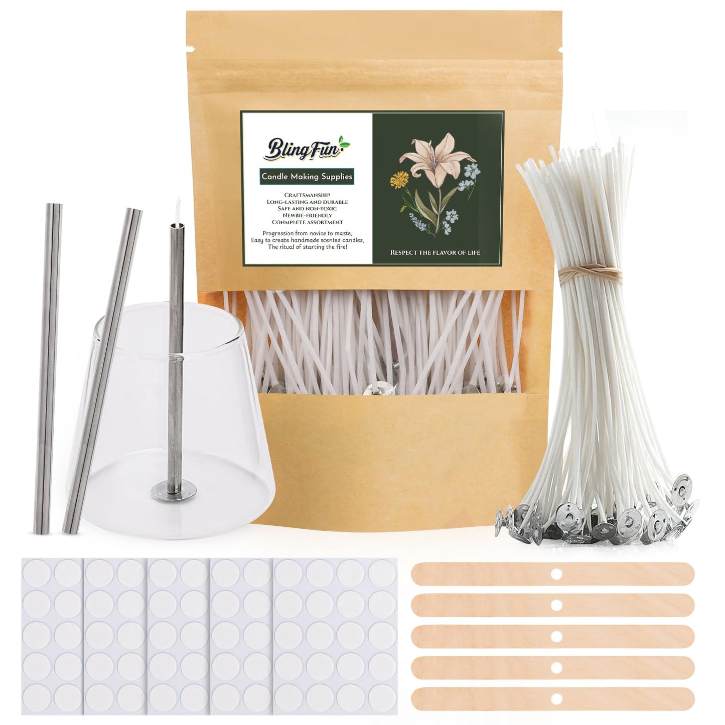 200pcs Natural Candle Wick kit,100pcs Wick Stickers with 5pcs Wick Holders and 2pcs Wick Placing Tube，for Soy Wax, Beeswax, Coconut Wax - DIY Candle Making Supplies for Beginners & Professionals