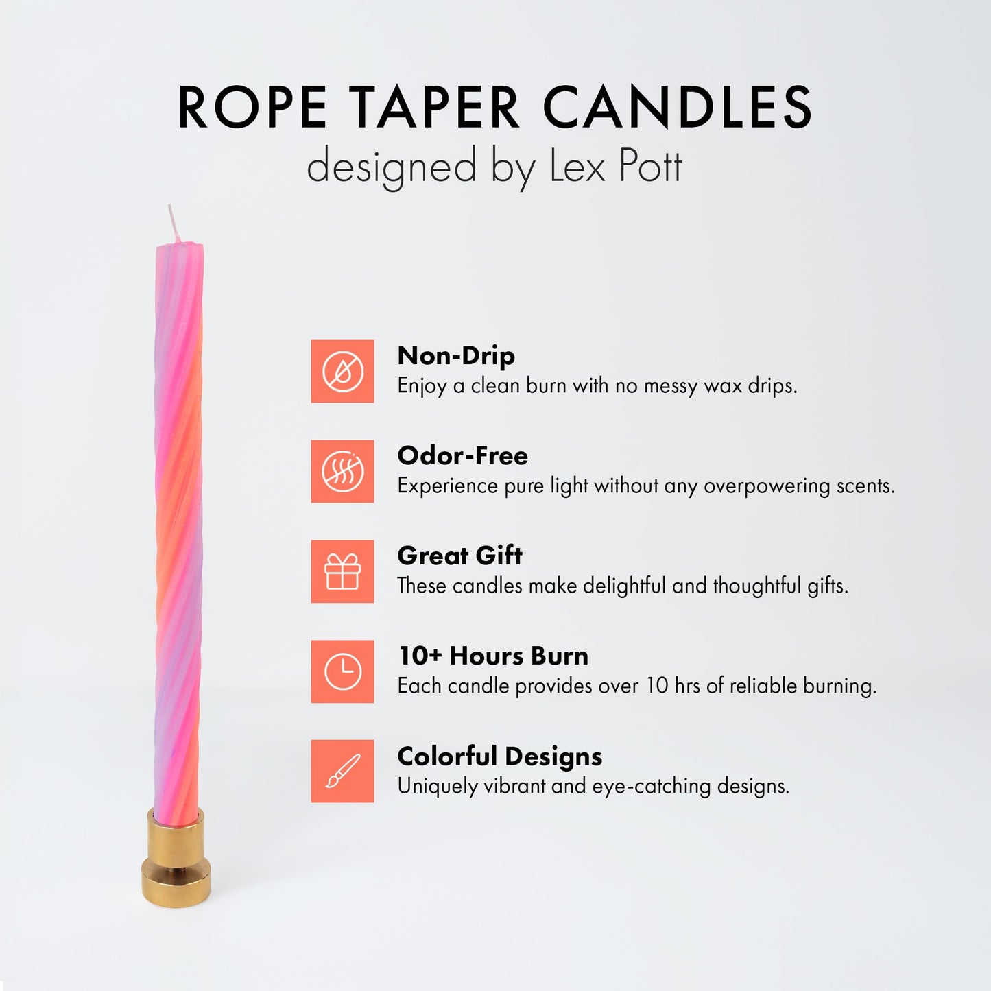Rope Candles (2 Pack) - Joyful Spiral Design Taper Candlesticks | Bright Colors | 7/8” diam x 11” Length | Designed by Lex Pott | Made in USA (Orange)