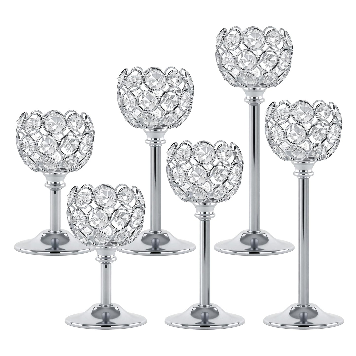 Oakernel Silver Crystal Candle Holders Candlestick Holders - 2 Sets Tall Bling Bowl Candelabra Centerpieces for Dining Table, Wedding, Party & Fireplace Mantel Decor,6Pcs