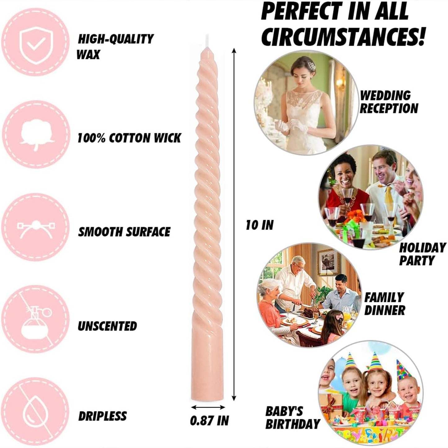 6 Pack 10 Inch Peach Spiral Taper Candles for Holiday Home Decoration, Unscented Dripless Twisted Candlesticks for Dinner Party Wedding Valentine's Day Baby Shower and Easter