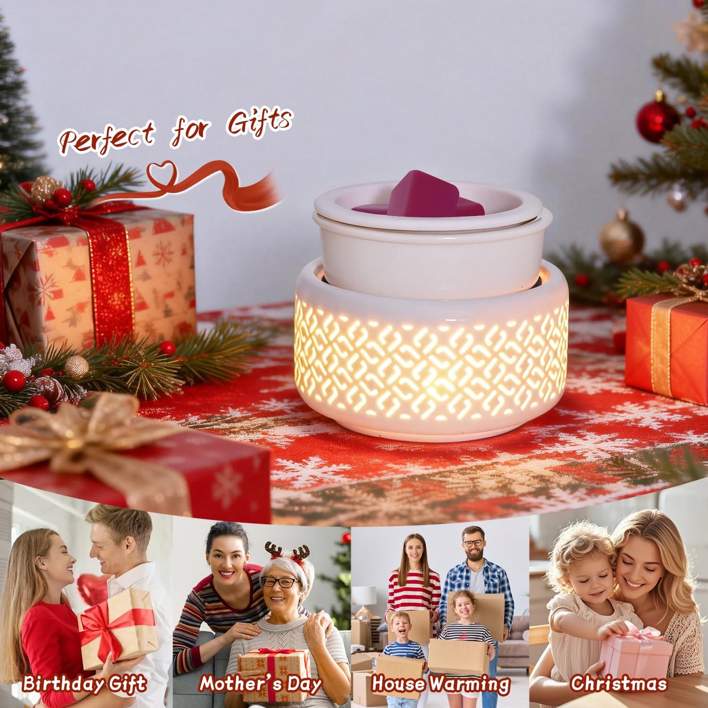 Ceramic Candle Warmer and Wax Melt Warmer with 7 Colors LED Night Light and 1 PC Silicone Liner,4-in-1 Electric Warmer for Jar Candle Wax Cube Essential Oil Coffee, Ideal Gift for Home Office Kitchen