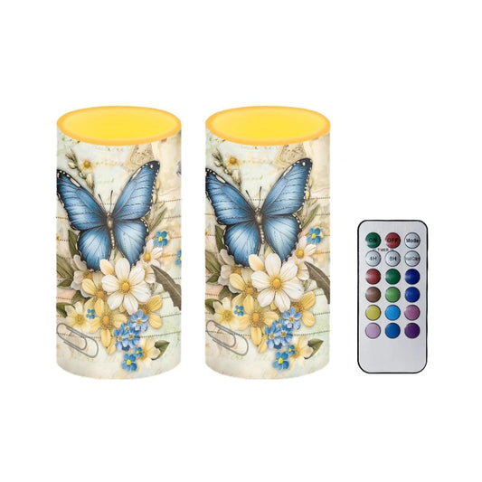 Luarisgur Flameless Candles Butterfly Pattern Battery Operated Candles with 18-Key Remote Timer LED Candles Flickering 12 Color Changing for Bedroom Living Room Home Decor Set of 2