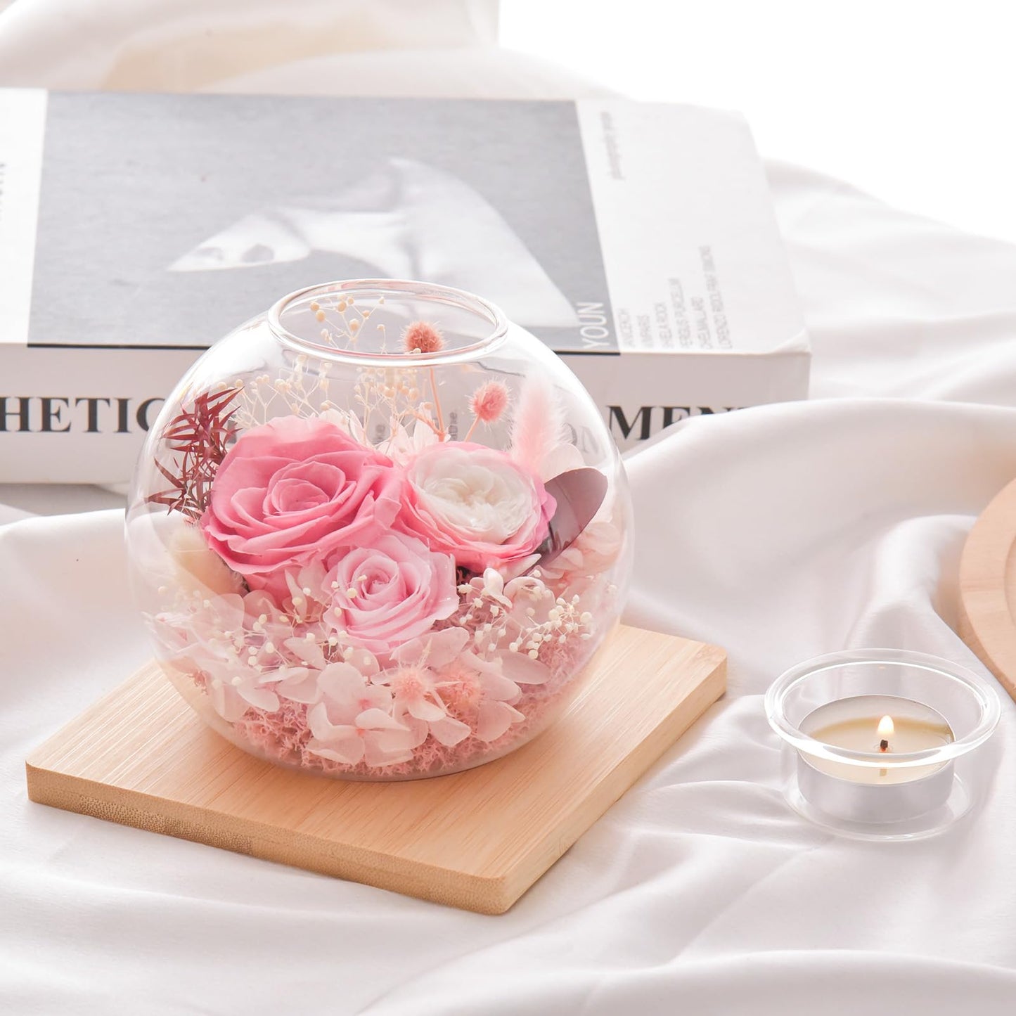 Preserved Flowers in Glass Dome with Candle Holder, Real Roses Eternal Flower Arrangement, Scented Candle Gift Set with 18 Candles for Women Mom Wife Birthday Mother's Day Valentine's Day (Pink)