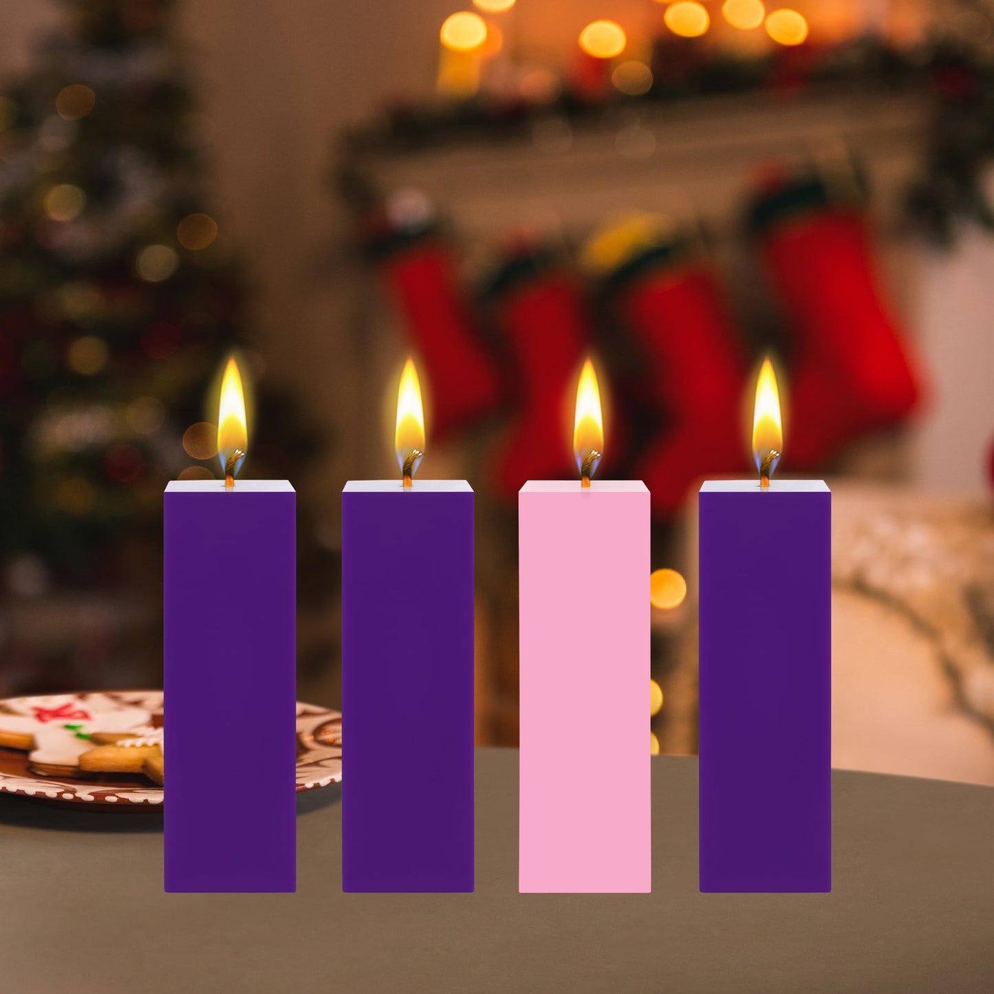 Mega Candles 4 pcs Unscented Christmas Advent Candles Set, Hand Poured Premium Wax Square Pillar Candle 2 Inch x 6 Inch, Holidays, Occasions, Events, Festivitiess, Devotional, Church, Wreath, Gifts