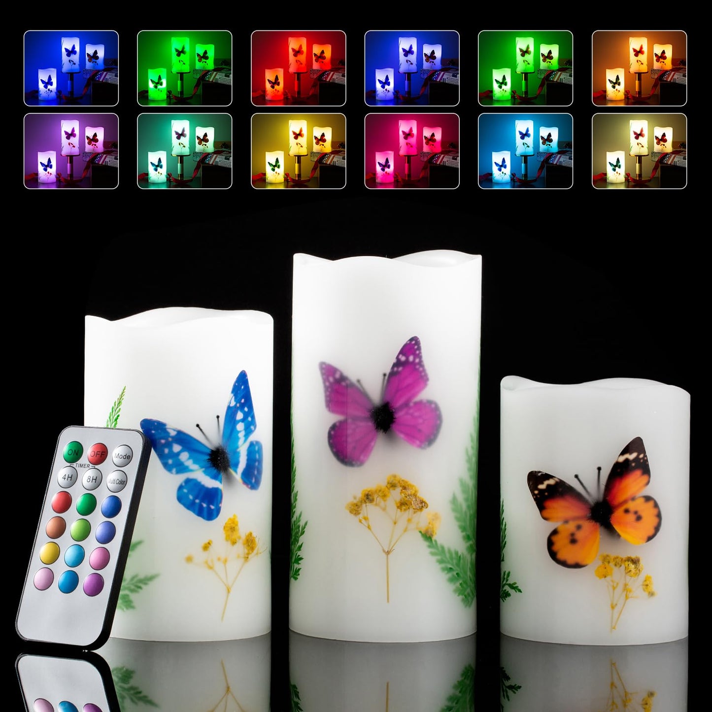 UNIVELA Candles Set of 3 Flameless 4" 5" 6" Unscented Tealight Butterfly Flower Plants Decor Real Wax Pillar Candle LED Lights 12 Color Changing 4H 8H Timer Remote Control AAA Batteries Operated