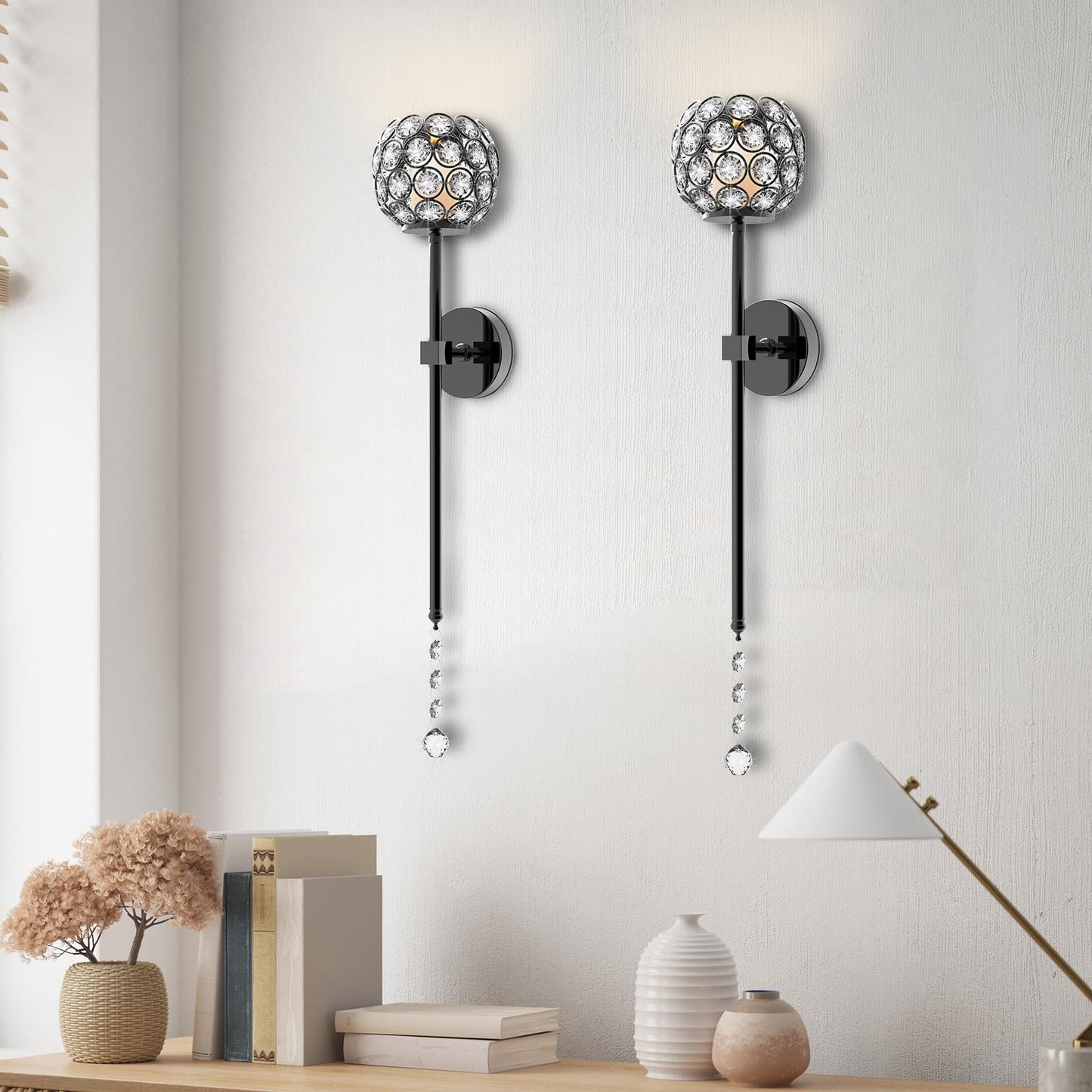 Crystal Candle Sconces for Wall Decorative Candle Holder Sconce Wall Art Home Decor for Bedroom Living Dining Room, Set of 2-Black