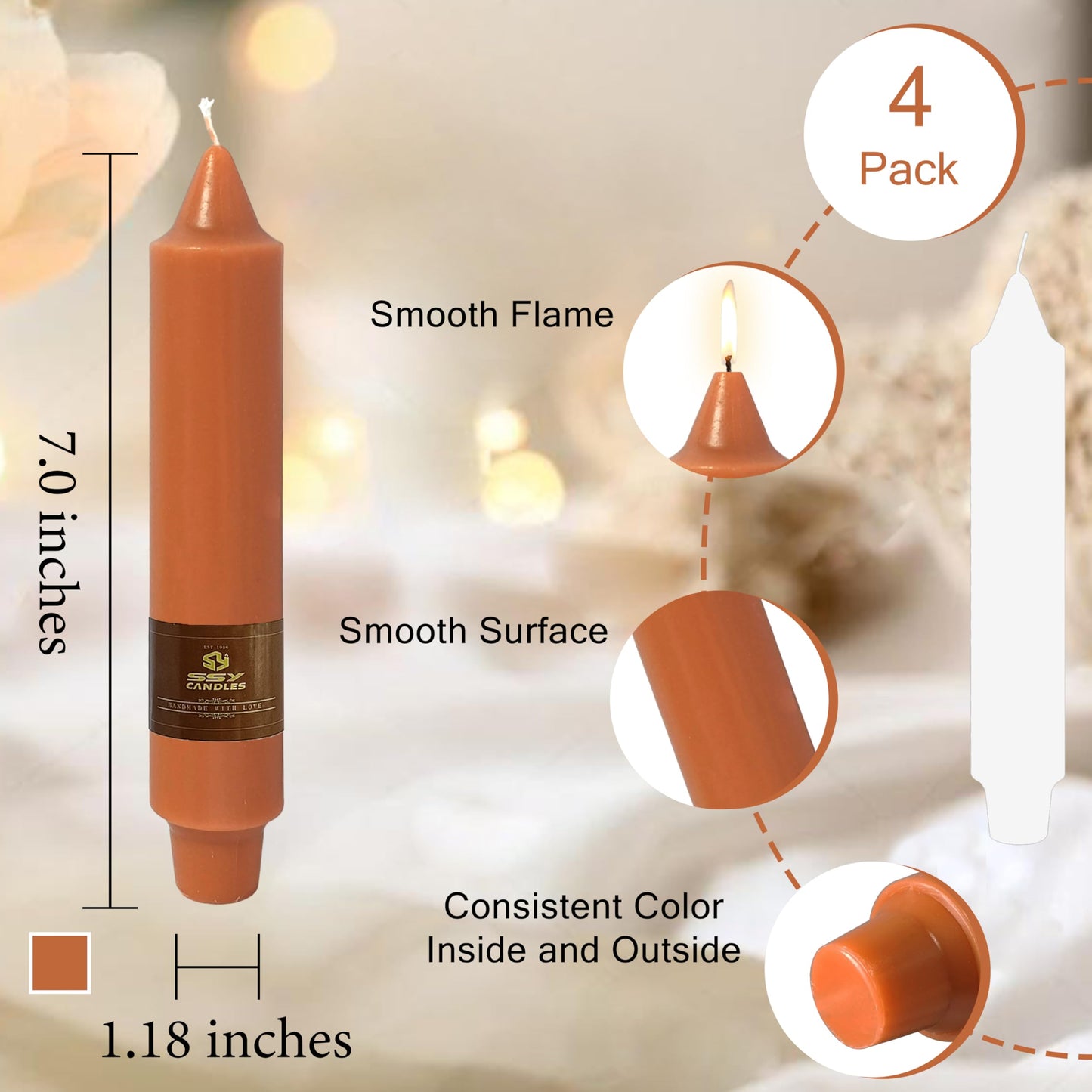 Short Pumpkin Chunky Taper Candles 7 Inch Set of 4 Candlesticks Fat Candles Handmade Clean Burning Unscented Candles for Dinner Country Farmhouse Bedroom Meditation Wedding Home Decor Sanctuary