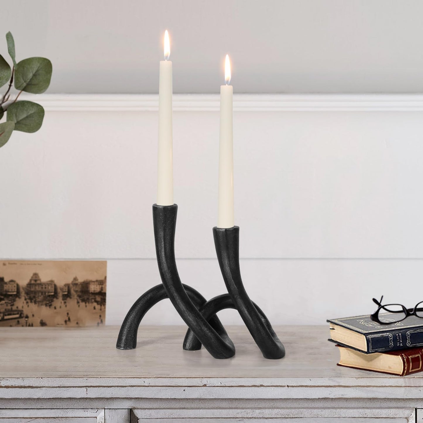 Black Cast Iron Taper Candle Holder, Candlestick Holder Decorative, Gift Tapered Candle Holders for Home Decoration, Bedroom, Dinning, Mantel, Kitchen, Party, Set of 2