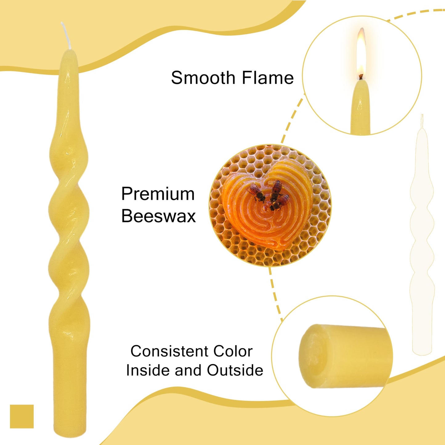 Beeswax Spiral Taper Candles Smokeless Twisted Candle Sticks 4 Pack Yellow Taper Candle Sticks 10 inch Tall Taper Candlesticks for Home Decor Dinner Wedding Emergency