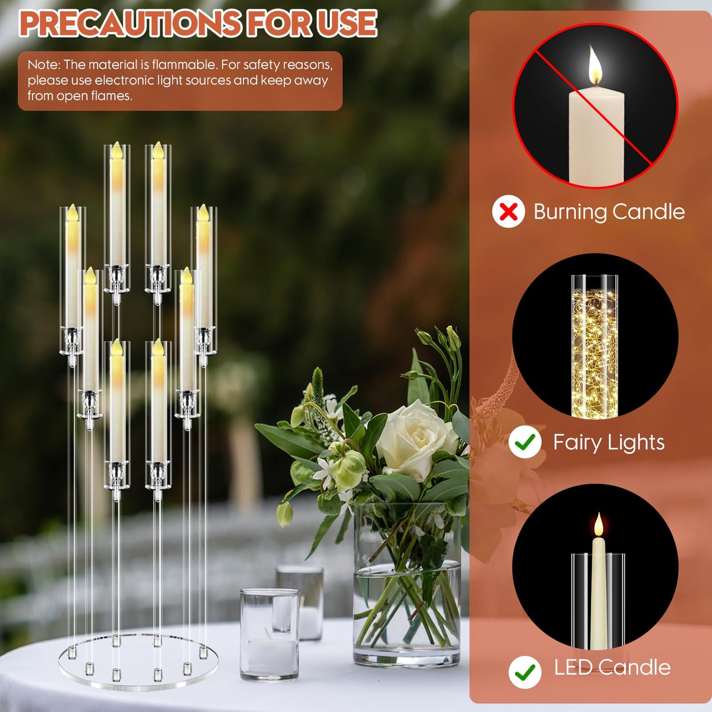 2 Sets 8 Arm Acrylic Candle Holder with Candles, Mjkeomo 38.5'' Tall Candelabra Centerpieces for Tables Clear Candlesticks Holder for Housewarming Gift Fireplace Dinner Halloween Christmas Decor