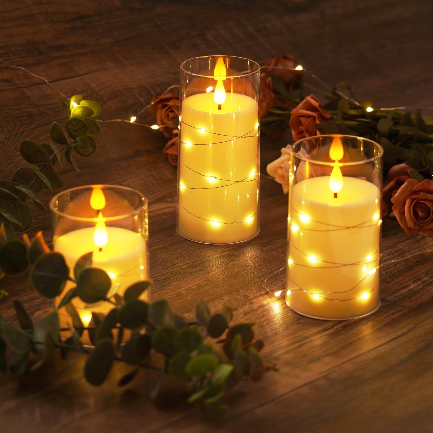 Amagic LED Flameless Candles, Battery Operated Candles with Embedded Fairy Lights, Acrylic Fake Candles with Remote and Timer for Wedding Home Decor, Ivory White, Set of 3, D3 x H4 5" 6"