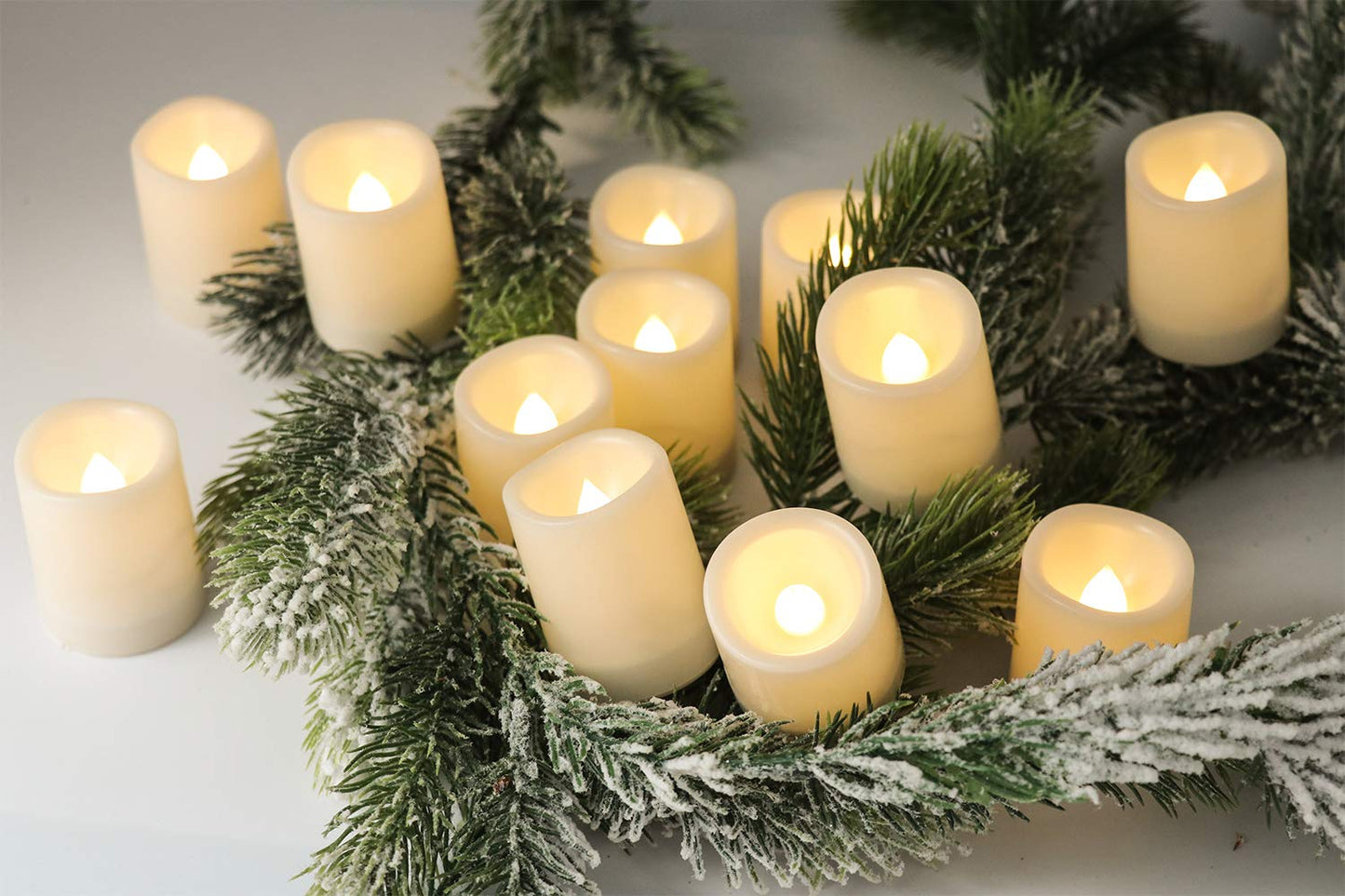 GenSwin Waterproof Outdoor Flameless Candles Flickering with Timer, Battery Operated LED Pillar Votive Tealight Candles(Battery Include), Set of 12 Plastic Warm Light(White, 1.5 x 2 Inch)