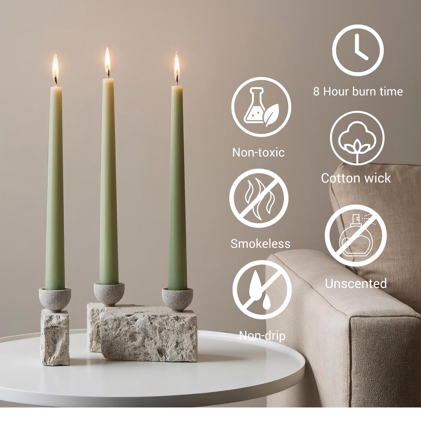 Tapered Dinner Candles - Soy & Paraffin Blend, Dinner Candles with Long-Lasting 7-Hour Burn for Stylish Homes - Candle in Curated Colors Ideal Gift for Hosts, Brides & Event Planners-Sage
