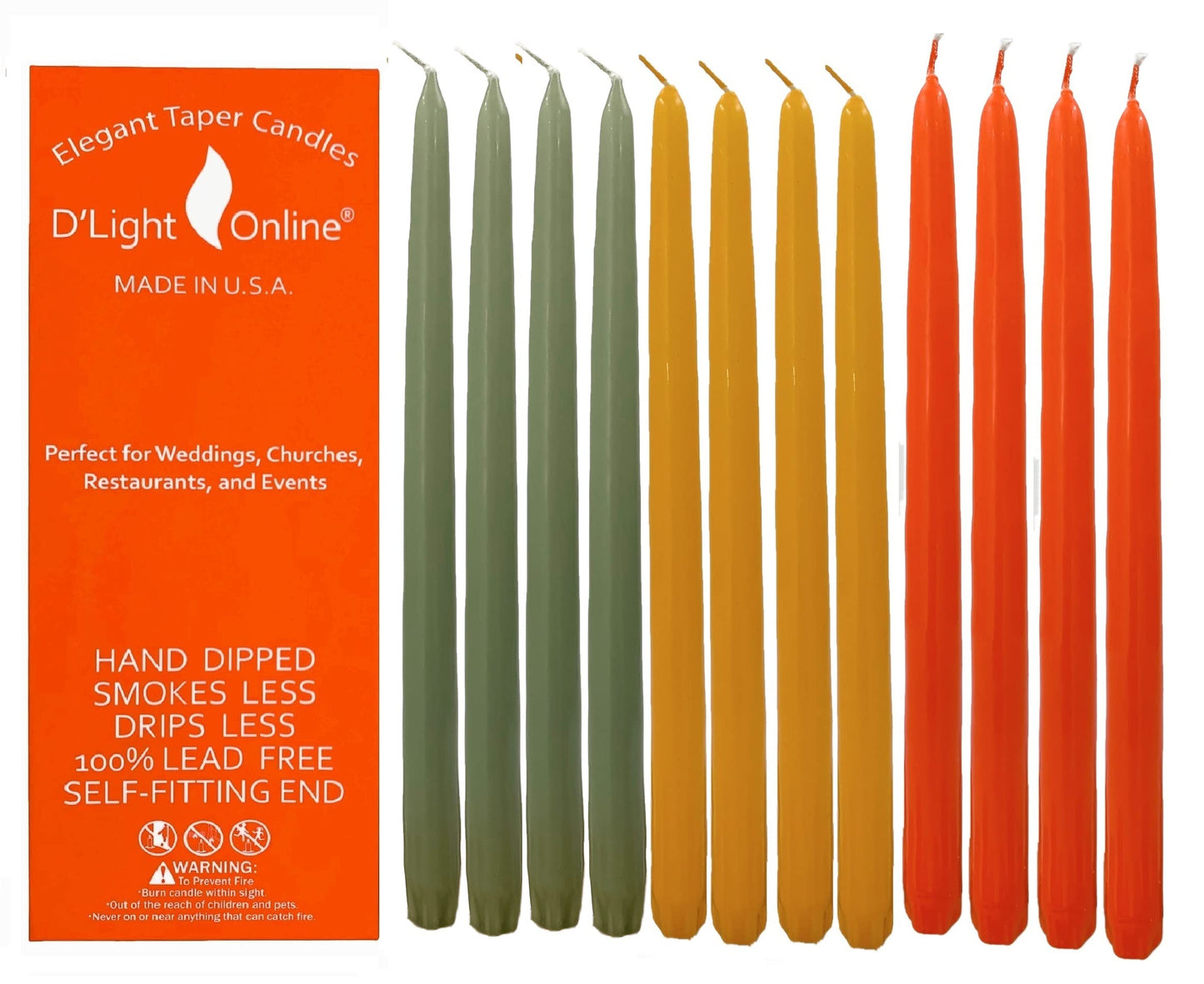 D'light Online Elegant 12" Seasonal Thanksgiving Taper Candles Premium Quality - Unscented, Hand-Dipped Tapered Candles, Dripless and Smokeless - Set of 12 (12 Inch, Fall Harvest)