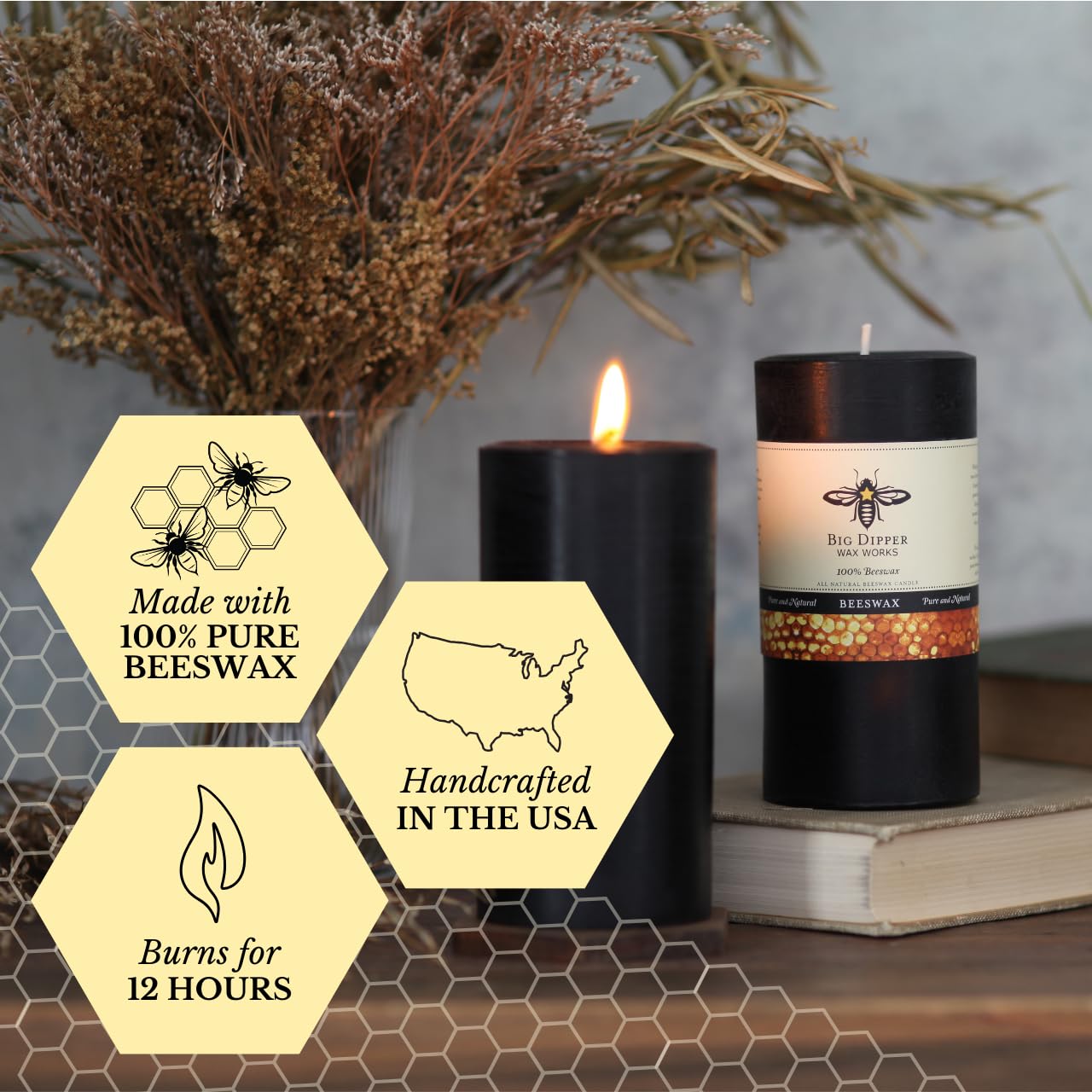 Big Dipper Wax Works Black Pillar Candle, 90-Hour Long Burn, Pure Beeswax Candle, 3" x 6”