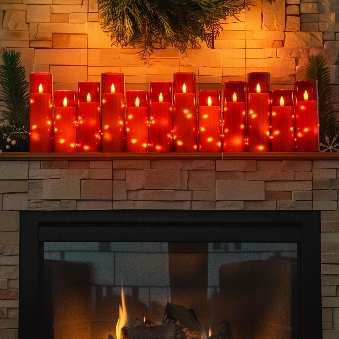 Homemory 12Pcs Flameless Candles with Star String Fairy Lights, Flickering Battery Operated Candles, LED Fake Candles with Remote and Timer, Christmas, Weddings, Home Decor, Red