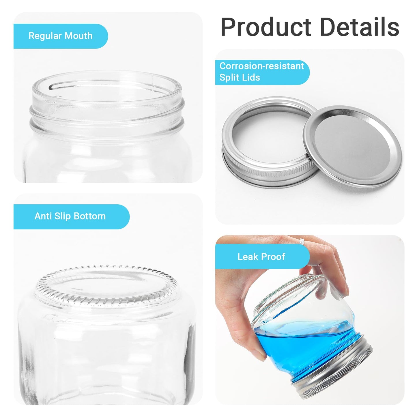Waymind 8 oz Glass Mason Jars, 24 Pack Regular Mouth Glass Canning Jars with Silver Aluminum Lids and Bands, Airtight Jam Jars for Food Storage, Pickling, Fermenting, Honey, Jelly, DIY Candles Decor