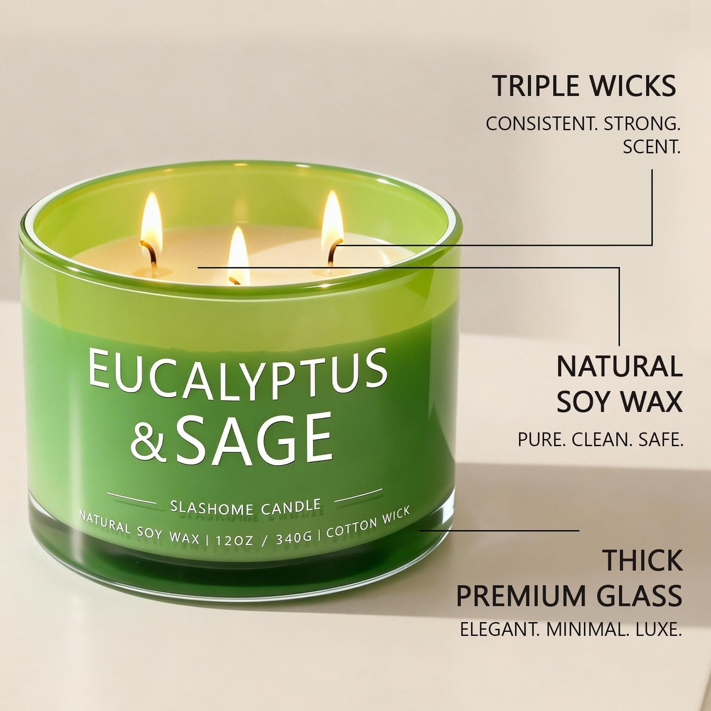 Sage & Eucalyptus Scented Candle, Luxury Large 3 Wick Soy Candle 12 Oz, 60+ Hour Long Lasting Clean Burn, Elegant Aromatherapy Home Decor, Housewarming & Birthday Gift for Men & Women