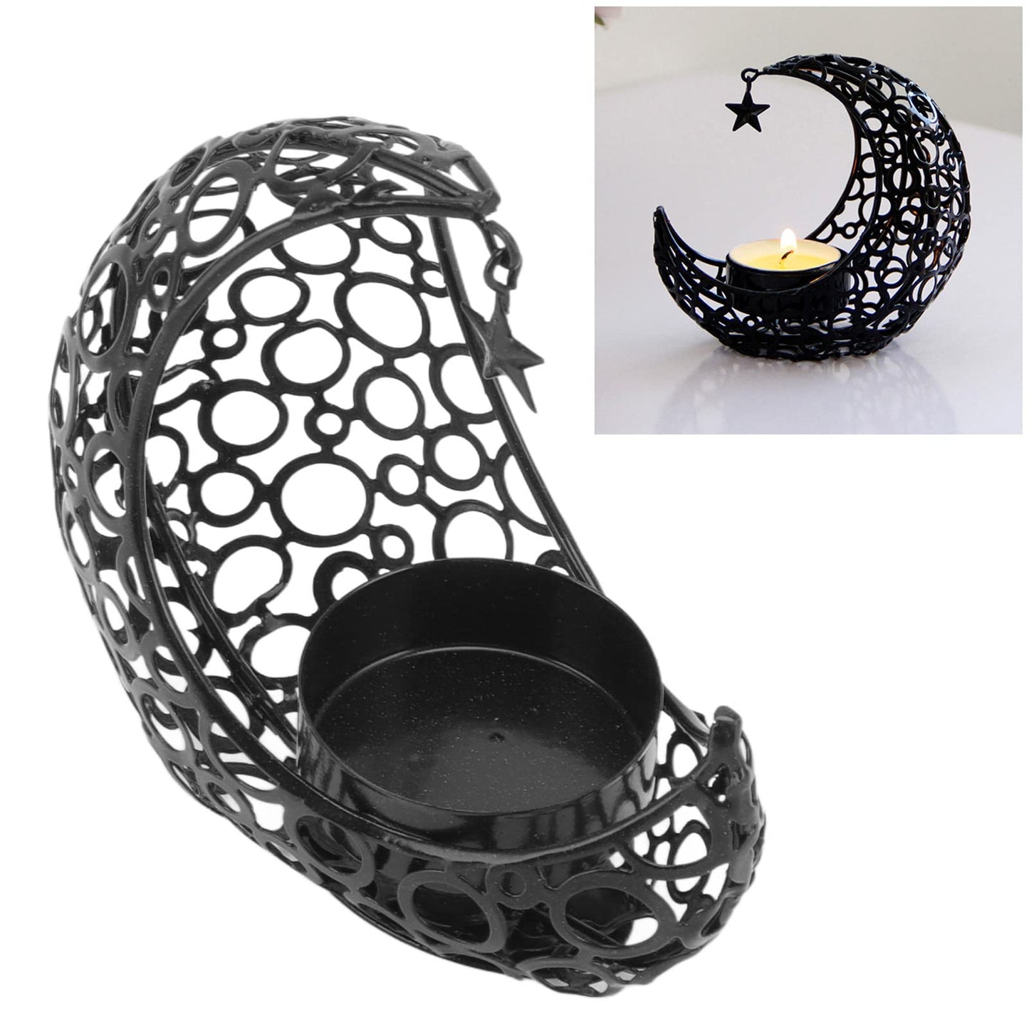 Candle Holder, Moon Candle Holder, Hollowed Iron Candle Holder, Ornament Weddings, Christmas Decoration, Dining Table, Coffee Table (Black)