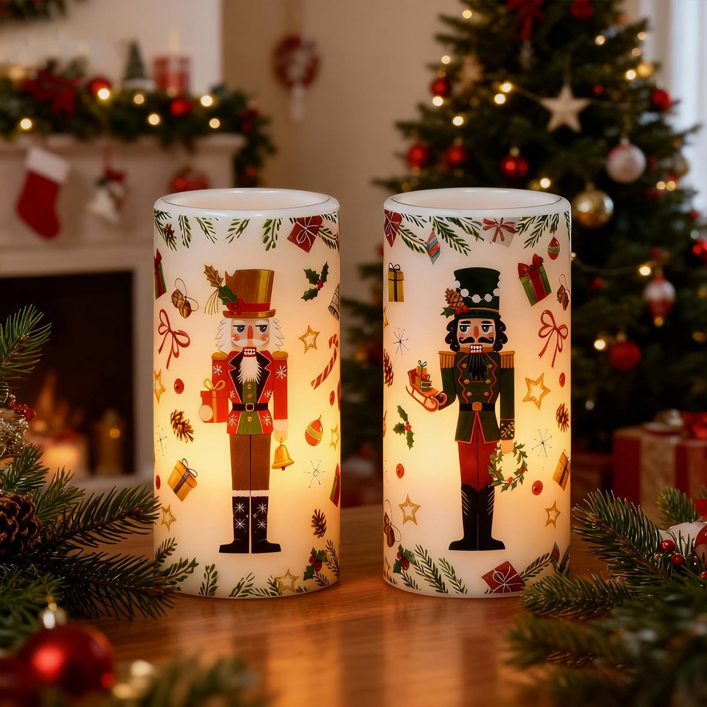 Lasumora Christmas Nutcracker Flameless Pillar Candles with Remote Timer, LED Candles in Real Wax Holder, Battery Operated Candle for Christmas Décor Indoor Xmas Gifts(2 Pack, 3” x 6”)