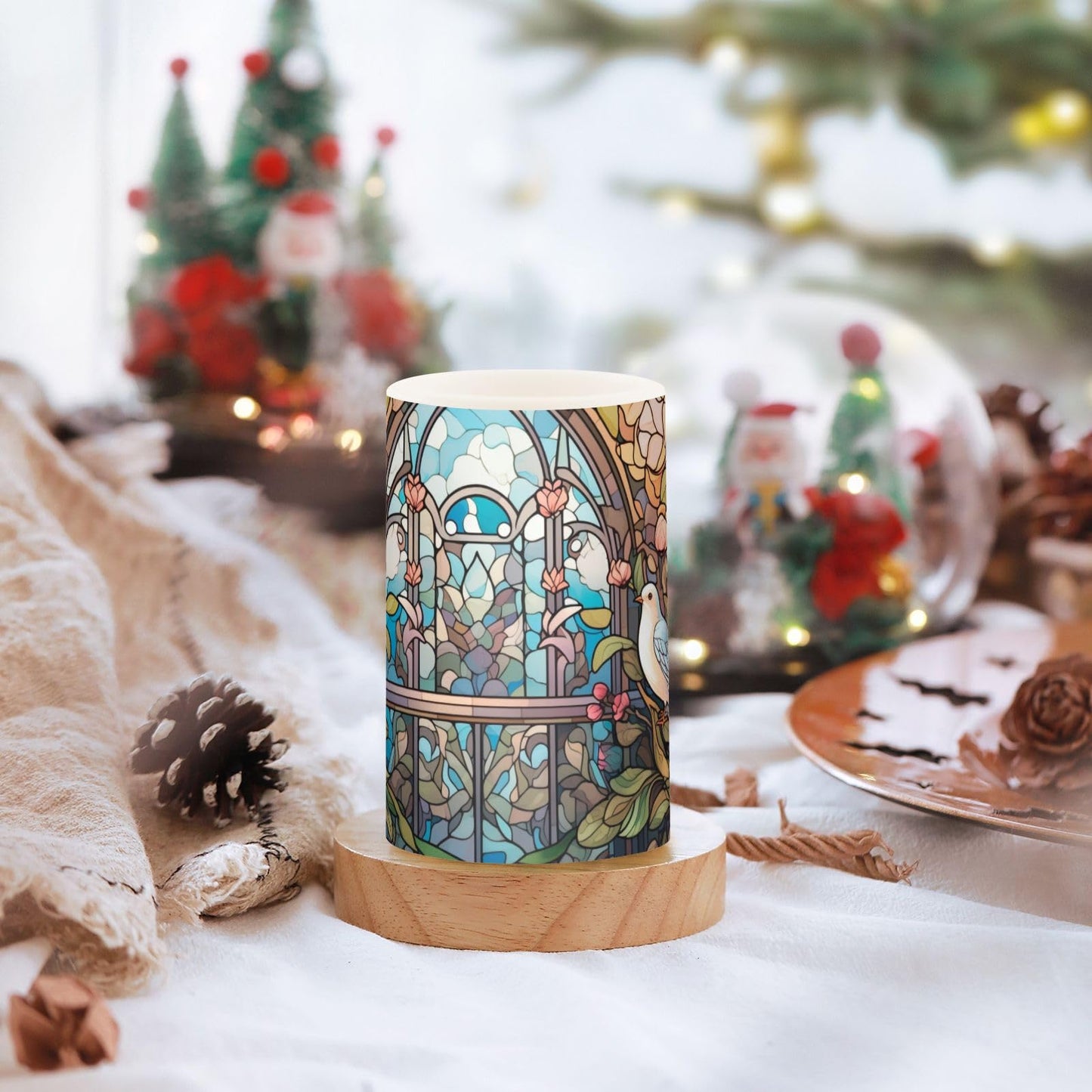 QGBYMX Stain Glass Bird Floral Flameless Candles with Remote - No Batteries Included, 3” Battery Operated Candles Flickering with Timer for Outdoor Lanterns Porch, Set of 2