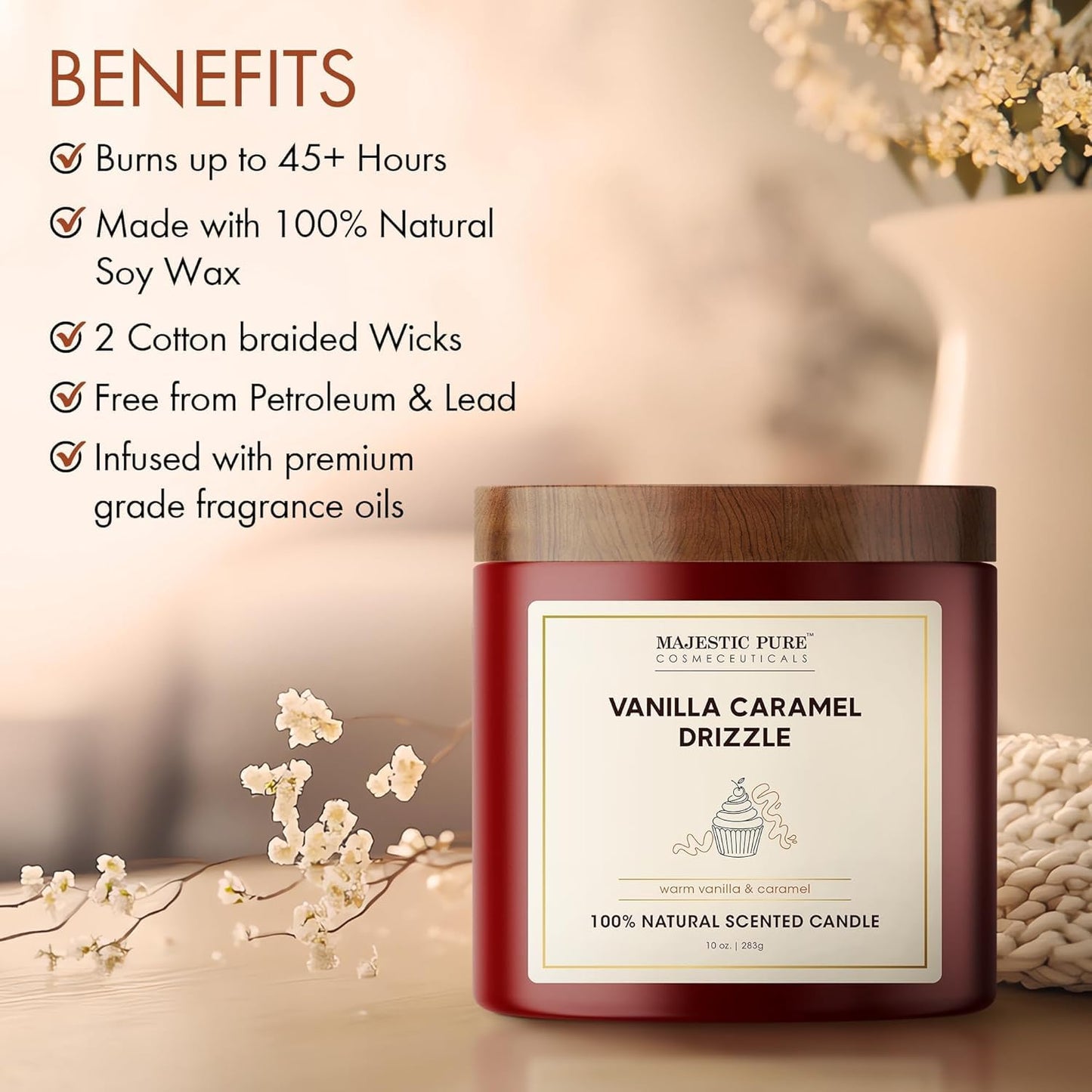 Majestic Pure Vanilla Caramel Scented Candle with Upto 45+ Hrs Burn Time, 2-Wick Candle, Soy Wax Blend for Cleaner Consistent Burn, 10 oz Jar Candle with Room Filling Fragrance, Drizzle