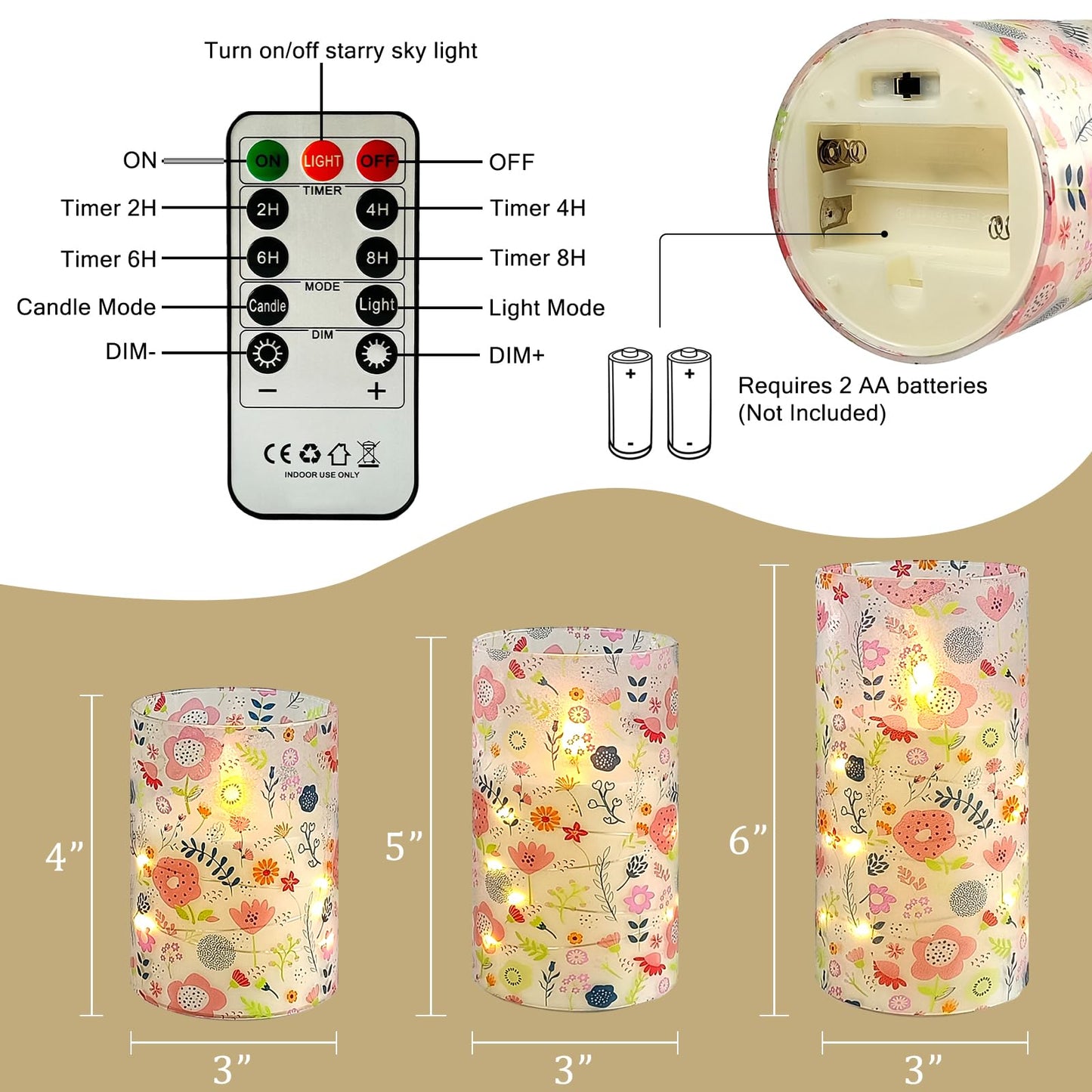 NjaoHoo Floral Flickering Flameless Candles, Recessed String Light LED Candles 3D Wick Acrylic Battery Operated LED Pillar Candles with Remote and Timer for Spring Decor Set of 3(Cute Floral)
