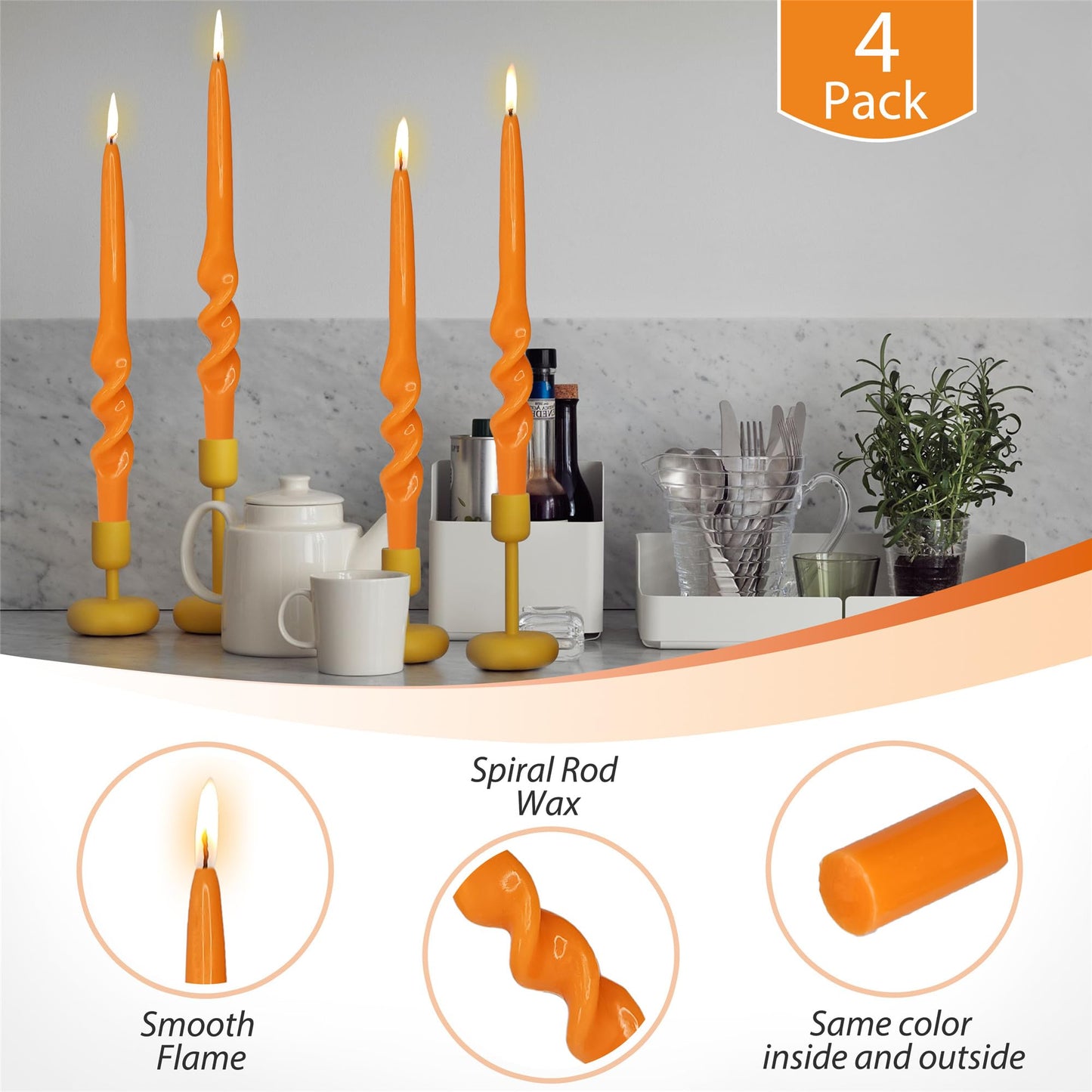 Orange Candlesticks Spiral Taper Candles, 10 Inch Dripless Unscented Twisted Dinner Candles Decorative Candle for Easter Table Mother’s Day Wedding Centerpieces Home Party Decor,4 Pack