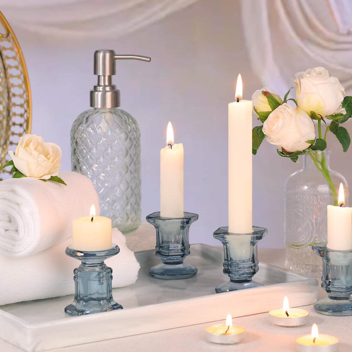 Lanttu 12 Pcs Blue Candlestick Holders Bulk, Glass Candle Holders Set,Crystal Taper Candle Holder for Wedding, Table Centerpiece, Home Decoration