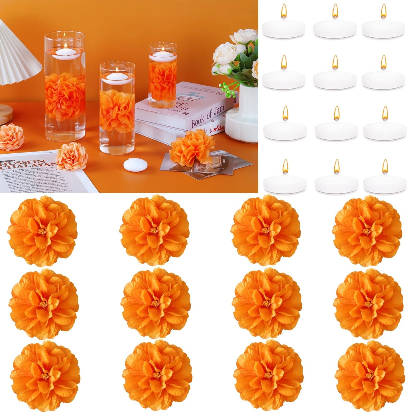 24 Pcs Floating Candles for Centerpieces and Floating Flowers Vase Fillers for Centerpieces Orange Artificial Flowers for Wedding Table Party Home Decoration