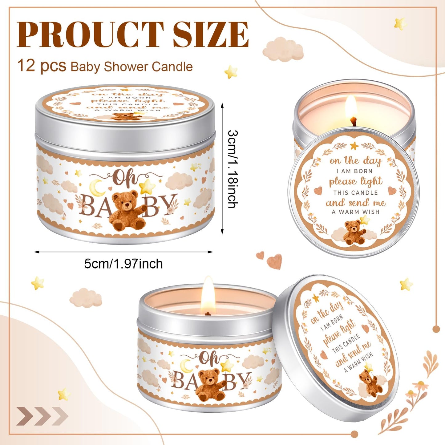 Funtery 12 Pcs Baby Shower Party Favors for Guests Baby Shower Candles Lavender Scented Candle Rustic Tealights Candles Gender Reveal Return Gifts(Bear)