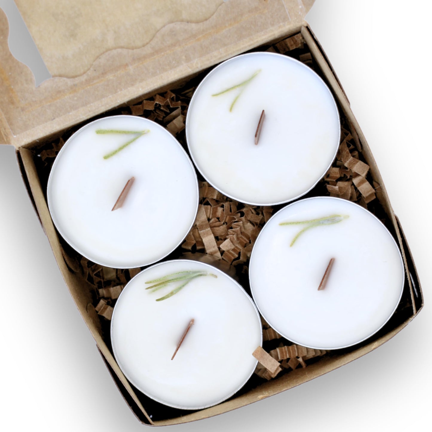 Rosemary Scented Essential Oil Tealight Candle Gift Set of 4, Hand Crafted Soy Wax Candles Wooden Wick Dried Flowers, Natural Aromatherapy Aluminum Cup Tea Lights by Lathered Artisan