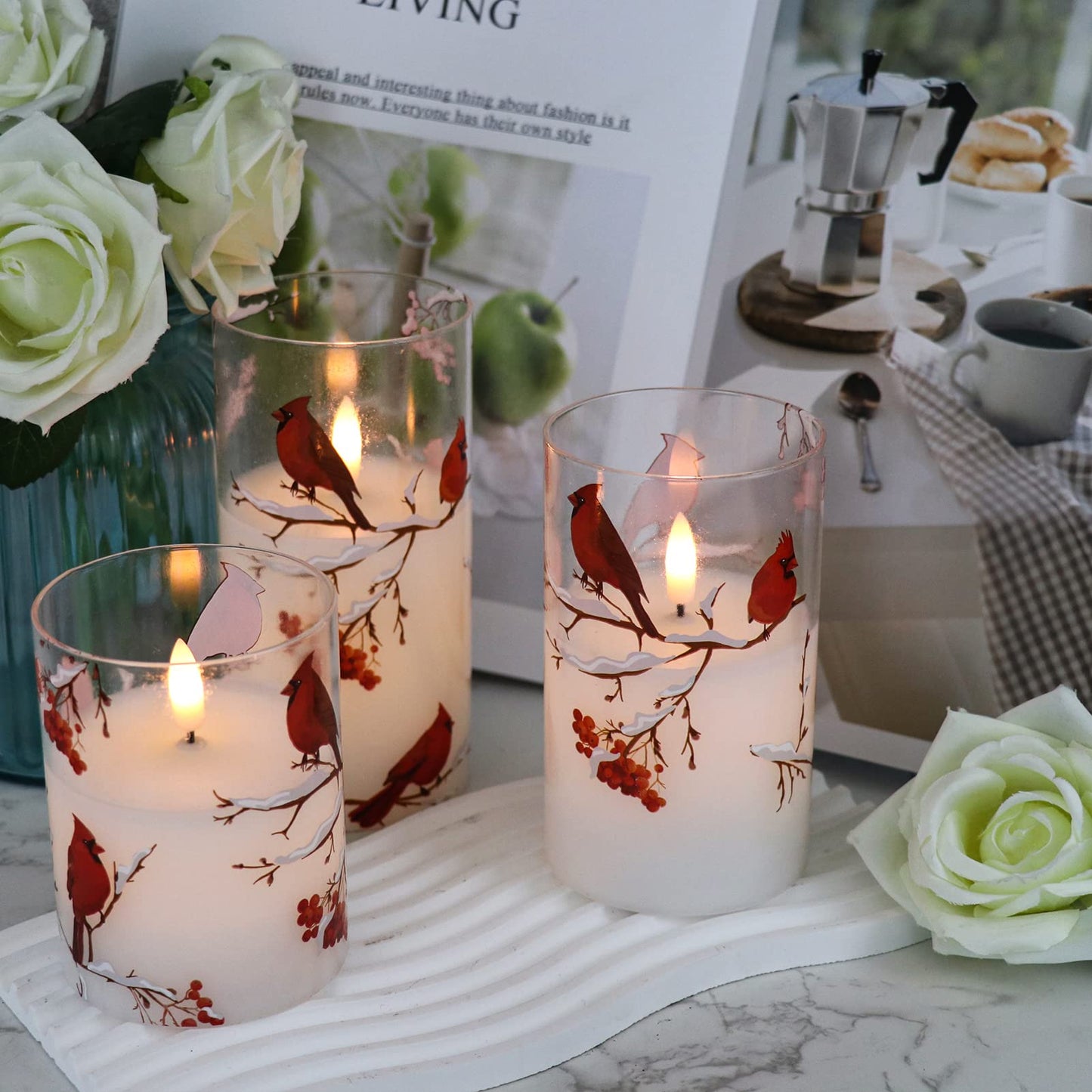 KunSwenn Cardinal Flameless Candles with Remote, Red Bird Glass Battery Operated Candles, Real Wax LED Candles with Flickering Flame, Cardinal Decor Gifts for Women Wedding Home(Pack of 3, 3”x4”5”6”)