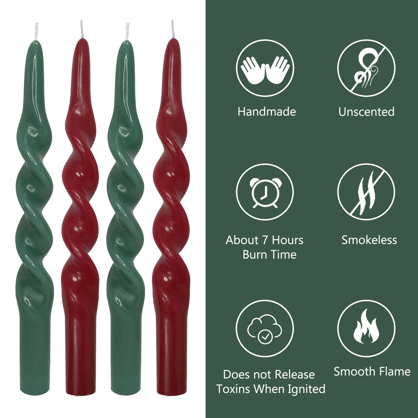 Spiral Taper Candles Set of 4, Red Green 10 Inch Handmade Candle Stick, Unscented Candlesticks, Tapered Candles for Christmas Holiday Dinner Table Decor Gift