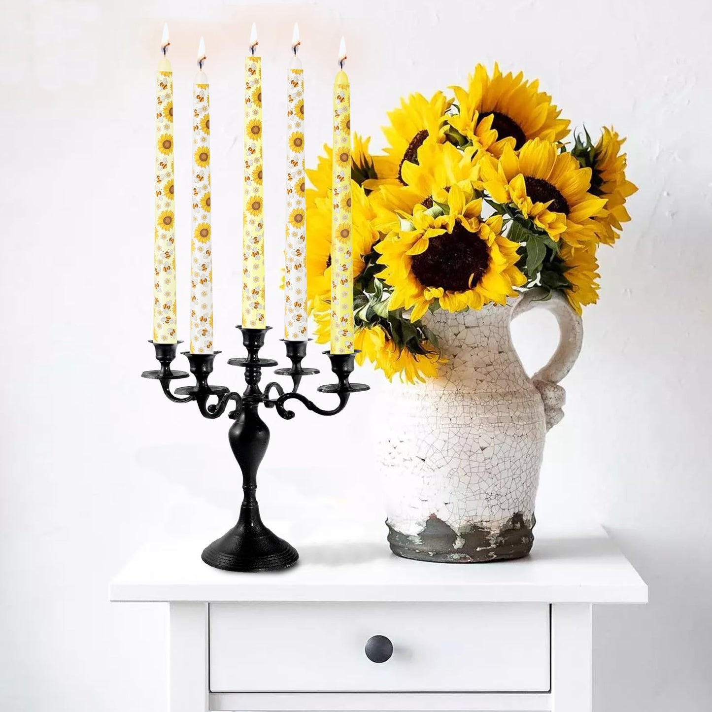 10 Inch Taper Candles with Honeybee Design – Smokeless Dripless Yellow Dinner Candles for Table, Party, Farmhouse Decor (4-Pack Assorted Yellow B)